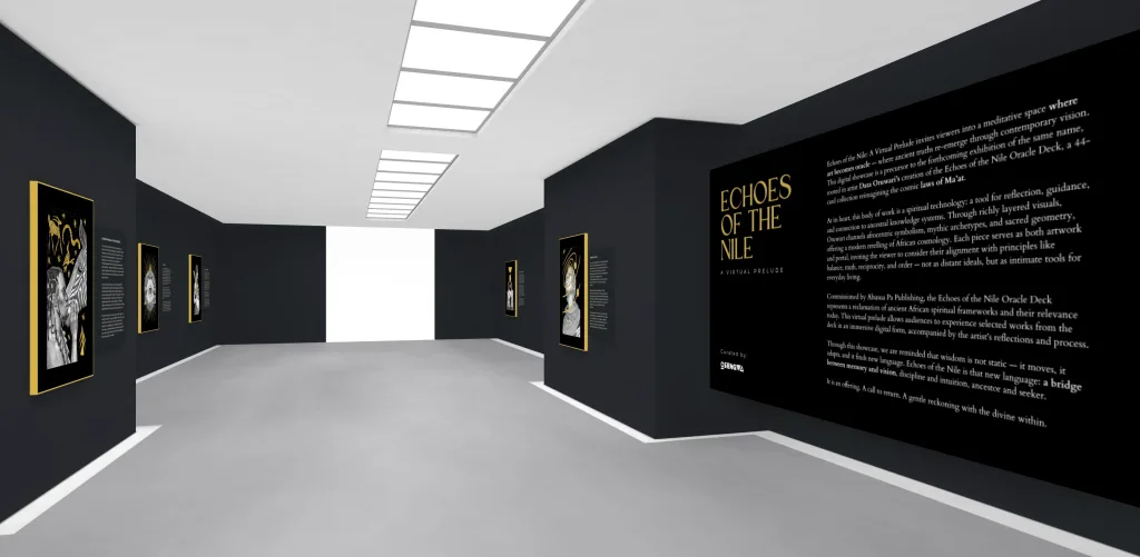 Interior view of an art exhibit titled "Echoes of the Nile," featuring black walls, framed artworks, and descriptive panels.